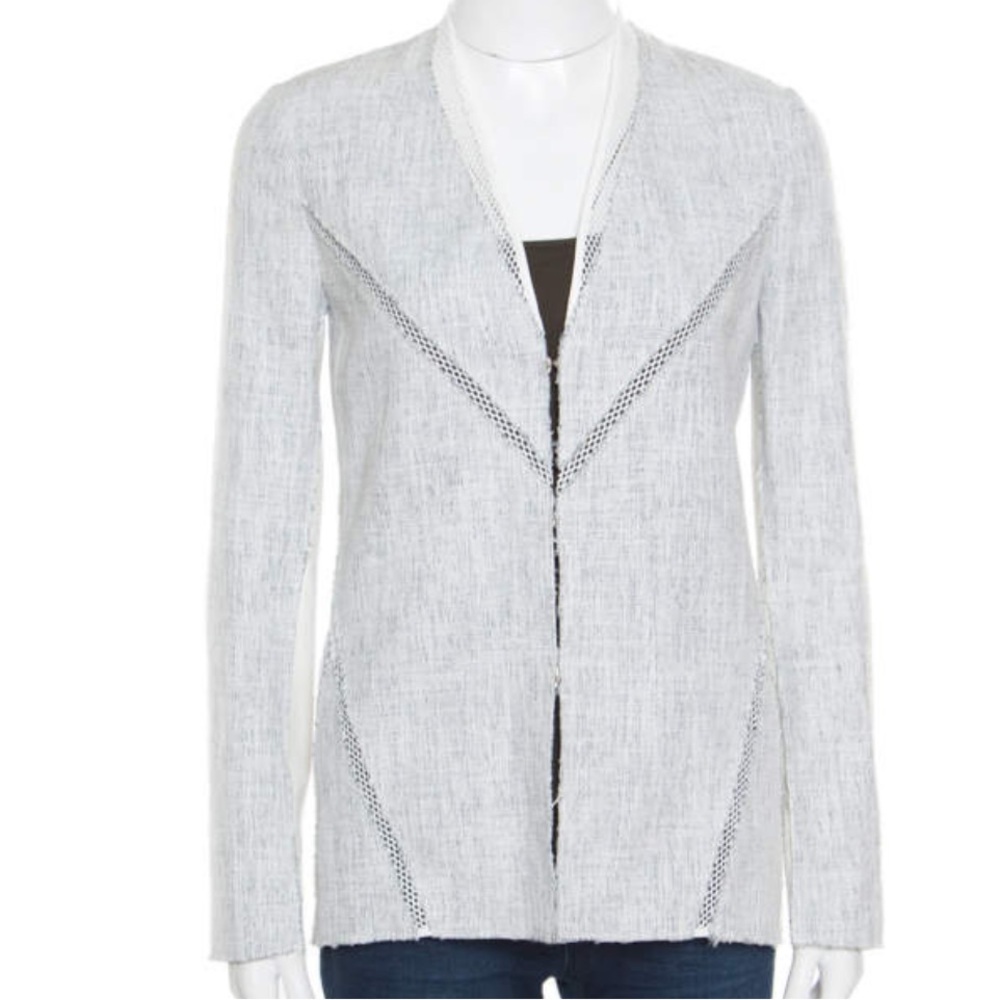 Elie Tahari White and Grey Textured Mesh Insert Mixed Media Jacket, Size 6